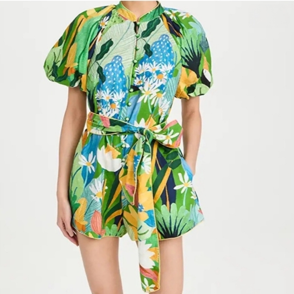 $190 Farm Rio Toucan Paradise Linen Blend Tropical Romper Belted Puff Sleeves S